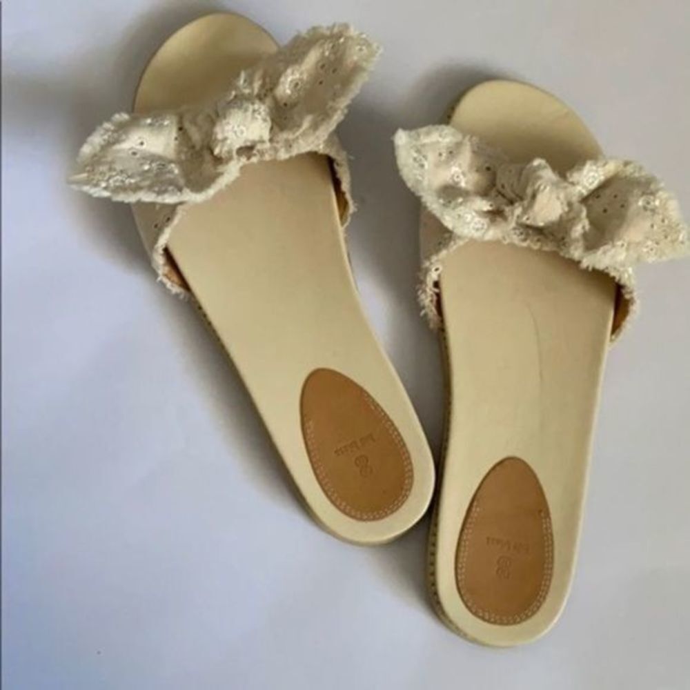 Bill Blass women’s sandals Cotton-Cream Denim Bow Slide | Size US 10 - Picture 2 of 8